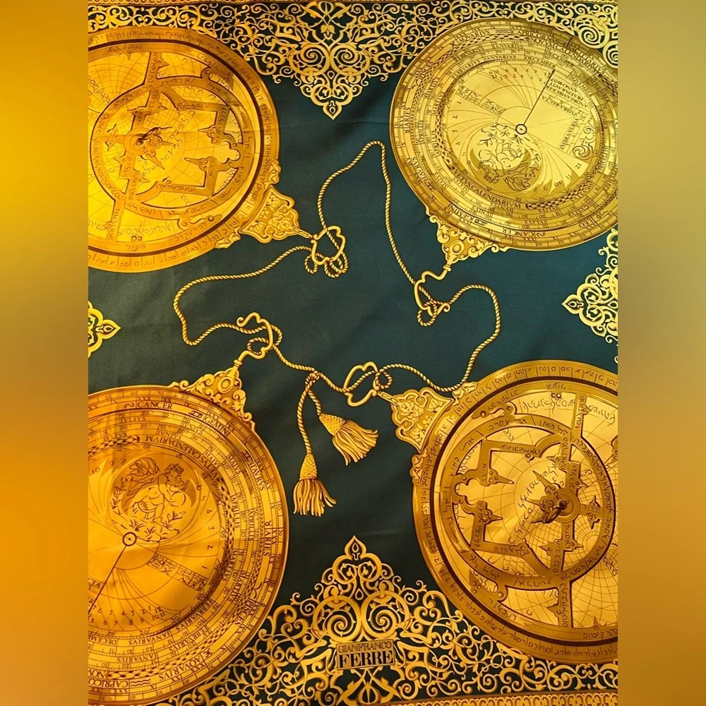 Vintage Gianfranco Ferre Silk Scarf Golden Astronomy Calendar hand rolled 34x34 - Picture 7 of 10